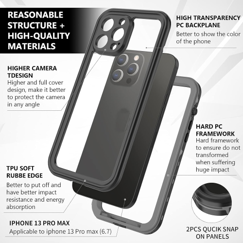 for iPhone 13 Pro Max Waterproof Case,IP68 Snorkelling Protector Case Full Body Seal Slim Shockproof Snowproof