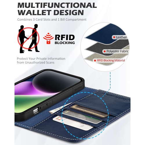 Case for iPhone 14 Plus 5G 2022, Genuine Leather Folio Wallet Case with Kickstand RFID Blocking Card Slots