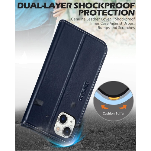 Case for iPhone 14 Plus 5G 2022, Genuine Leather Folio Wallet Case with Kickstand RFID Blocking Card Slots