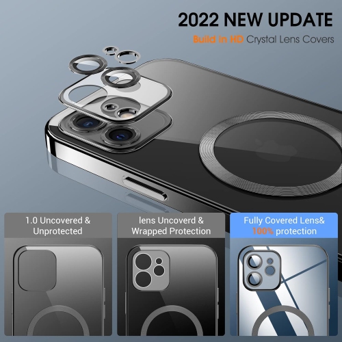 Étui magnétique transparent pour iPhone 12 avec MagSafe [verre de protection pour caméra intégré] [extérieur iPhone original] silicone