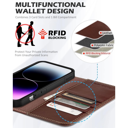 Case for iPhone 14 Pro 5G 6.1" 2022, Genuine Leather Wallet Case RFID Blocking Card Holder Folio Magnetic