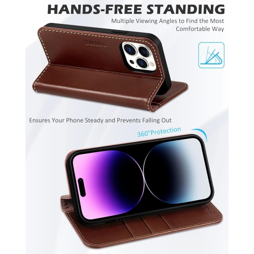 Case for iPhone 14 Pro 5G 6.1" 2022, Genuine Leather Wallet Case RFID Blocking Card Holder Folio Magnetic