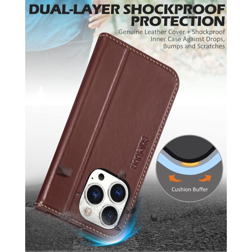 Case for iPhone 14 Pro 5G 6.1" 2022, Genuine Leather Wallet Case RFID Blocking Card Holder Folio Magnetic