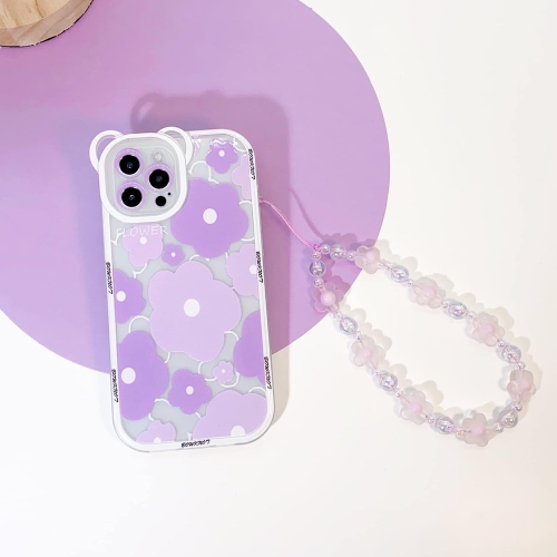 Compatible for iPhone 14 Pro Case Clear Floral Bear Camera Lens Case with Lovely Flower Bracelet Chain