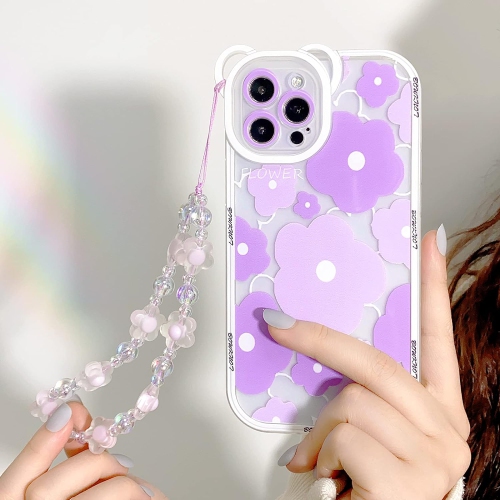 Compatible for iPhone 14 Pro Case Clear Floral Bear Camera Lens Case with Lovely Flower Bracelet Chain