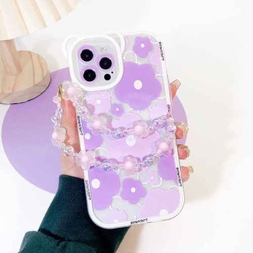 Compatible for iPhone 14 Pro Case Clear Floral Bear Camera Lens Case with Lovely Flower Bracelet Chain