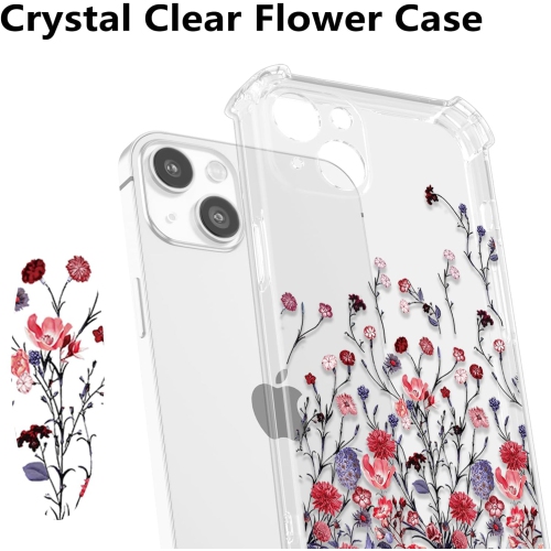 Étui floral pour iPhone 13 6,1 po, étui floral transparent, étui mignon mince pour filles, TPU souple transparent