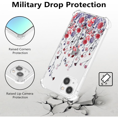 Étui floral pour iPhone 13 6,1 po, étui floral transparent, étui mignon mince pour filles, TPU souple transparent