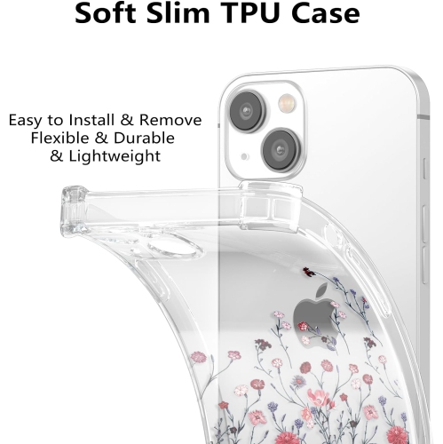 Étui floral pour iPhone 13 6,1 po, étui floral transparent, étui mignon mince pour filles, TPU souple transparent