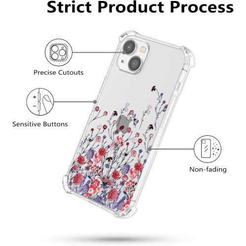 Étui floral pour iPhone 13 6,1 po, étui floral transparent, étui mignon mince pour filles, TPU souple transparent