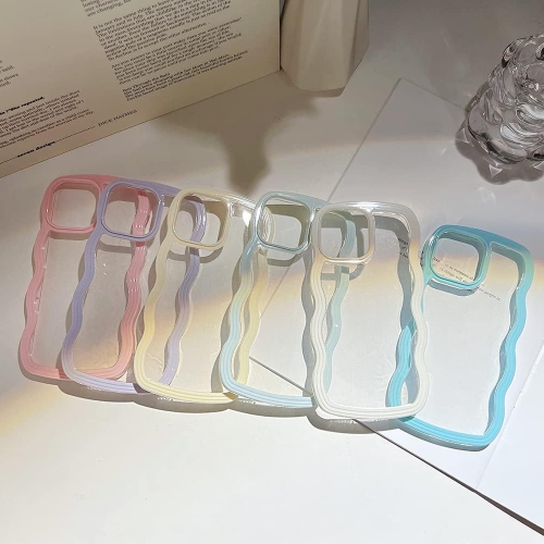Compatible with iPhone 14 Plus Case, Cute Curly Wave Frame Clear Case for Girls Women, Transparent Soft
