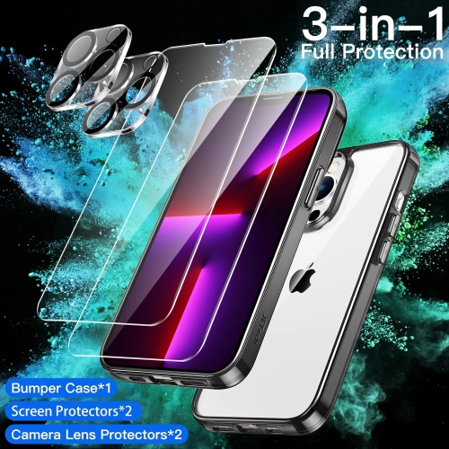3 in 1 Case for iPhone 13 Pro 6.1-Inch, with 2-Pack Screen Protector and 2-Pack Camera Lens Protector, Full