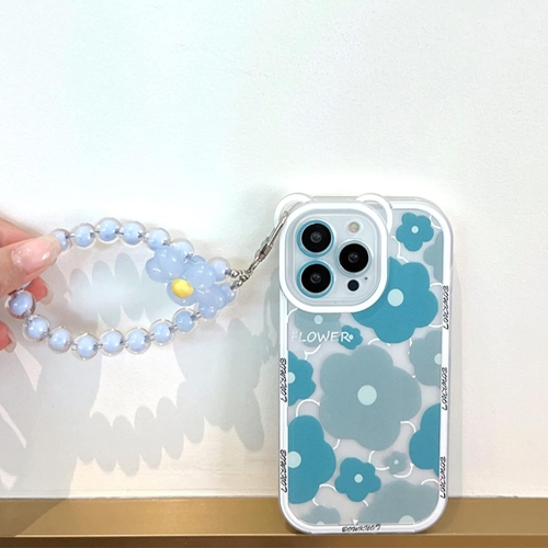 Compatible for iPhone 13 Pro Case Clear Floral Bear Camera Lens with Flower Beaded Lanyard Wrist Strap