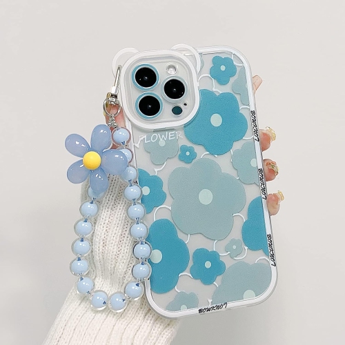 Compatible for iPhone 13 Pro Case Clear Floral Bear Camera Lens with Flower Beaded Lanyard Wrist Strap