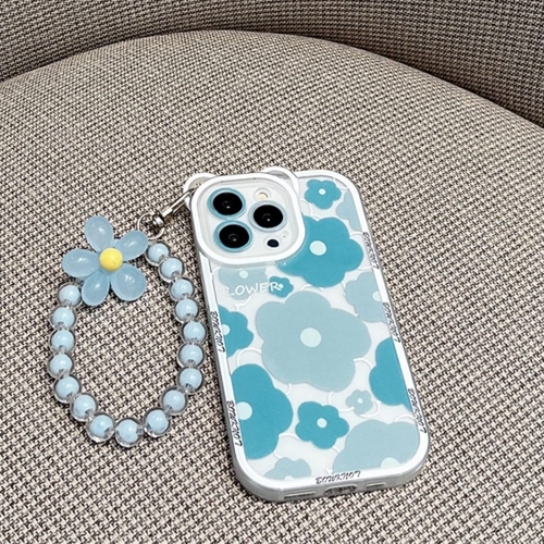 Compatible for iPhone 13 Pro Case Clear Floral Bear Camera Lens with Flower Beaded Lanyard Wrist Strap