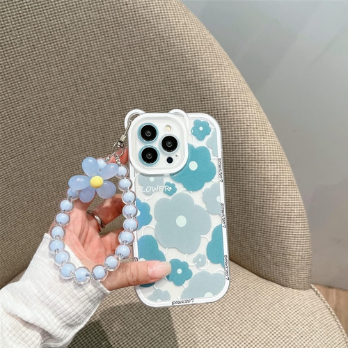 Compatible for iPhone 13 Pro Case Clear Floral Bear Camera Lens with Flower Beaded Lanyard Wrist Strap