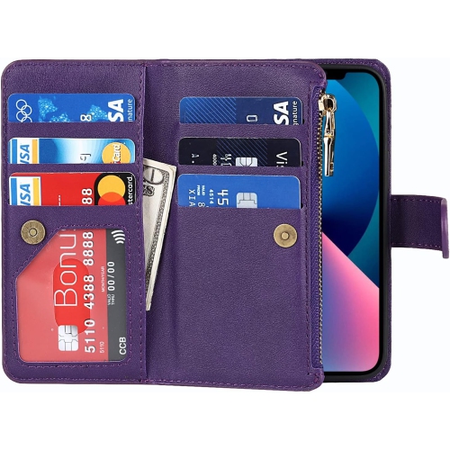 Compatible with iPhone 13 Mini Wallet Case,[9 Card Slots] Removable Adjustable Crossbody Necklace Lanyard