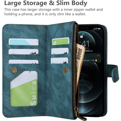 iPhone 12/12 Pro Wallet Case with Card Holder, 2 in 1 PU Leather Case with Magnetic Clasp Zipper Pocket