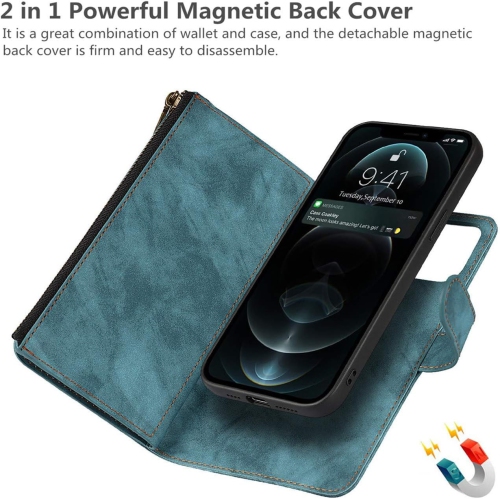 iPhone 12/12 Pro Wallet Case with Card Holder, 2 in 1 PU Leather Case with Magnetic Clasp Zipper Pocket