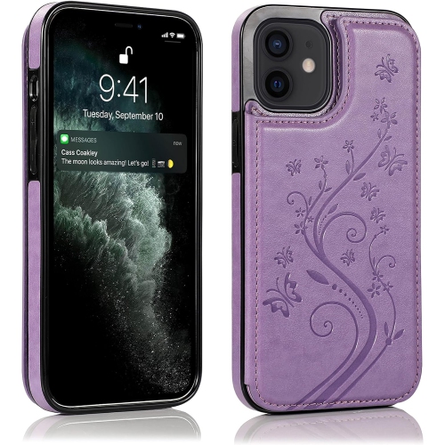 Étui pour iPhone 11, étui portefeuille papillon en relief avec porte-carte, béquille et fermeture magnétique - TPU