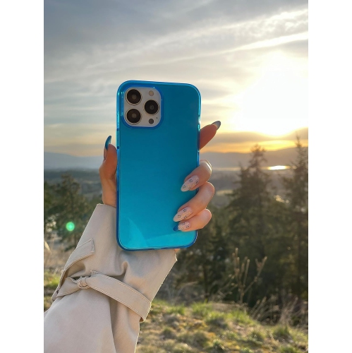 - iPhone 14 Pro Neon Blue Clear Protective Case, TPU and Polycarbonate Shock-Absorbing Bright Cover - Crack