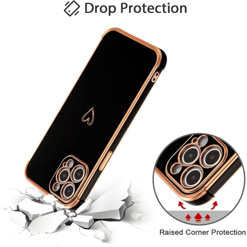 Electroplate Case for iPhone 14 Pro Case with Gold Heart, Luxury Plating Edge Bumper Cute Case with Full Camera