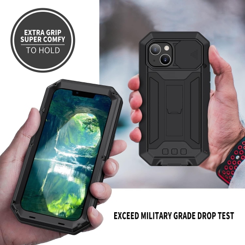 for iPhone 13 Case,Shockproof Hard Case Aluminum Metal Gorilla Glass Military Heavy Duty Sturdy Protector Cover
