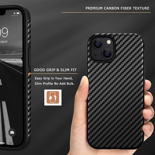 Étui en cuir compatible avec l’étui iPhone 13, contour de protection rigide en silicone texturé fibre de carbone