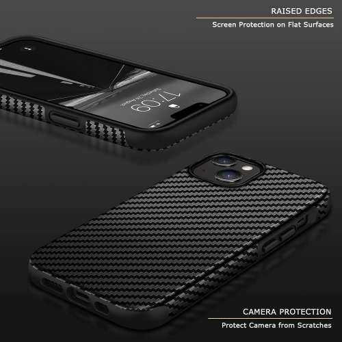 Étui en cuir compatible avec l’étui iPhone 13, contour de protection rigide en silicone texturé fibre de carbone