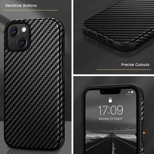 Étui en cuir compatible avec l’étui iPhone 13, contour de protection rigide en silicone texturé fibre de carbone