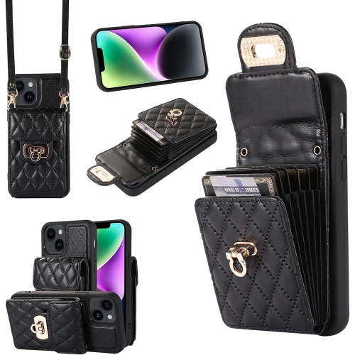 Image 1 de 5.. Étui de téléphone pour iPhone 14 plus 6,7&nbsp;po avec porte-carte de crédit bandoulière longue dragonne en cuir cellulaire