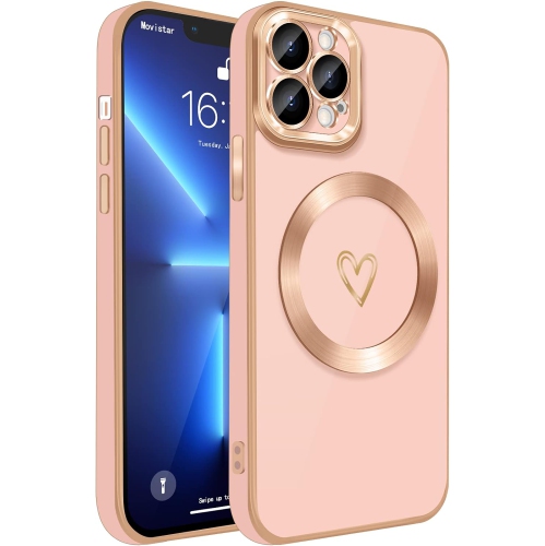 GENERIC  Compatible With Iphone 13 Pro Max Case Magnetic With Cute Love Heart Plating Full Camera Lens