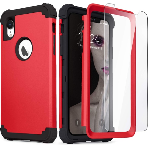 iPhone XR Case, iPhone XR Case with Tempered Glass Screen Protector, 3 in 1 Shockproof Slim Hybrid Heavy Duty