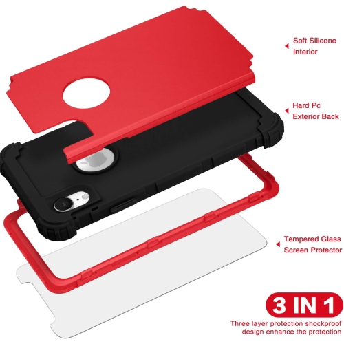 iPhone XR Case, iPhone XR Case with Tempered Glass Screen Protector, 3 in 1 Shockproof Slim Hybrid Heavy Duty
