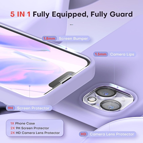 [5 in 1] for iPhone 14 Case, with 2 Pack Screen Protector + 2 Pack Camera Lens Protector, Slim Liquid Silicone