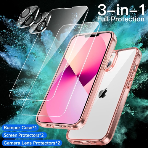 3 in 1 Case for iPhone 13 6.1-Inch, with 2-Pack Screen Protector and 2-Pack Camera Lens Protector, Full Coverage