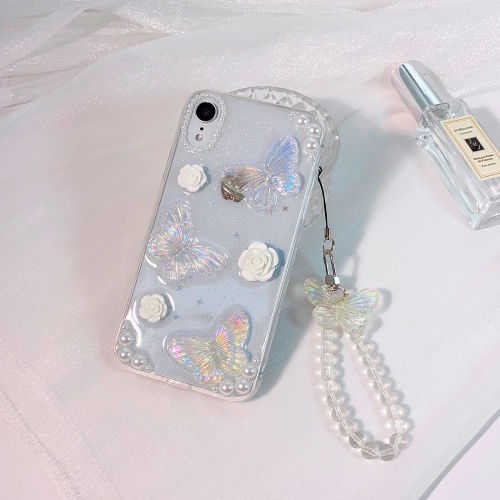 Compatible for iPhone XR Case Clear Cute 3D Glitter Butterfly with Flower Floral Pearl for Girls Women Soft