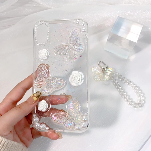 Compatible for iPhone XR Case Clear Cute 3D Glitter Butterfly with Flower Floral Pearl for Girls Women Soft