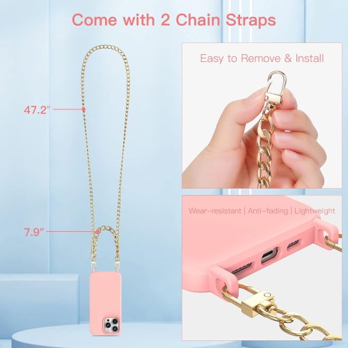 Étui pour iPhone 14 Pro avec 2 sangle de chaîne de sac à main 7,9 po/47,2 po, très mince mignon téléphone de protection pour femme