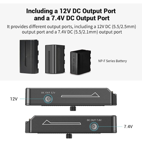 NP-F plaque d'adaptateur de batterie Lite pour batterie NP-F de Sony, avec port de sortie 12 V/7,4 V, voyant DEL de batterie faible, ABS