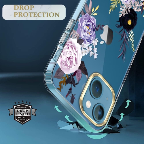 Compatible avec l'étui iPhone 13 avec fleur, pour femme féminine, étui antichoc à motif floral transparent avec dos rigide