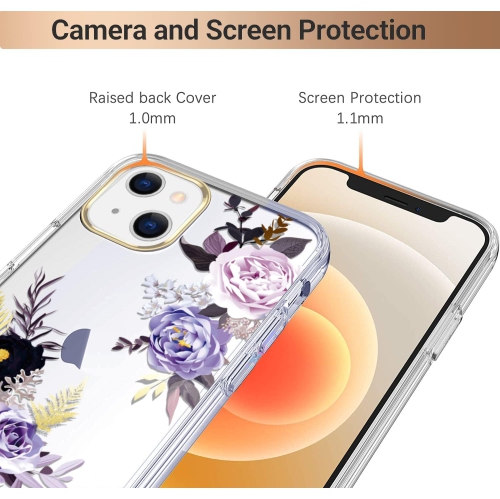 Compatible avec l'étui iPhone 13 avec fleur, pour femme féminine, étui antichoc à motif floral transparent avec dos rigide