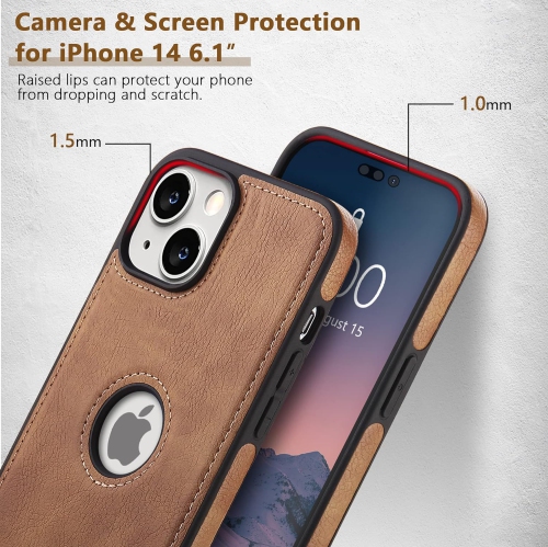 Compatible with iPhone 14 Case 6.1 Inch Premium Leather TPU Hybrid Case Cover,Brown