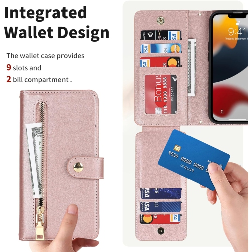 iPhone – Étui portefeuille 13, [9 fentes pour cartes] pochette à fermeture à glissière avec blocage RFID, béquille en cuir de qualité supérieure avec