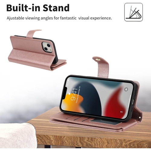 iPhone – Étui portefeuille 13, [9 fentes pour cartes] pochette à fermeture à glissière avec blocage RFID, béquille en cuir de qualité supérieure avec