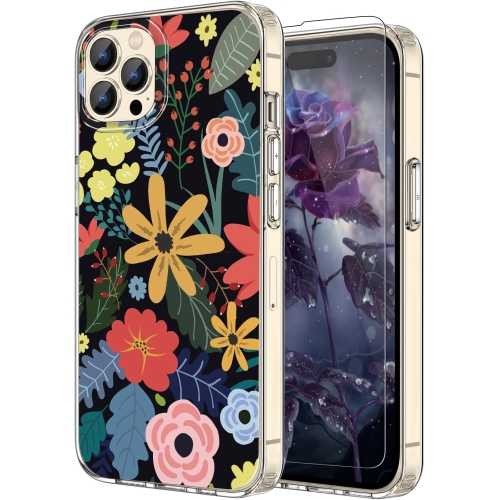 Image 1 de 5.. Étui iPhone 14 Pro avec protecteur d'écran, motif floral bohémien Cute pour femmes, coupe ajustée pour iPhone 14