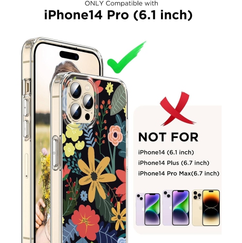 Étui iPhone 14 Pro avec protecteur d'écran, motif floral bohémien Cute pour femmes, coupe ajustée pour iPhone 14