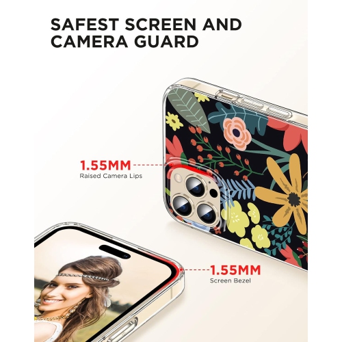 Étui iPhone 14 Pro avec protecteur d'écran, motif floral bohémien Cute pour femmes, coupe ajustée pour iPhone 14