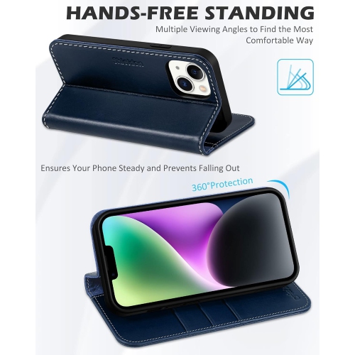 Wallet Case for iPhone 14 5G 2022, Genuine Leather iPhone 14 Case with Kickstand RFID Blocking Card Holder