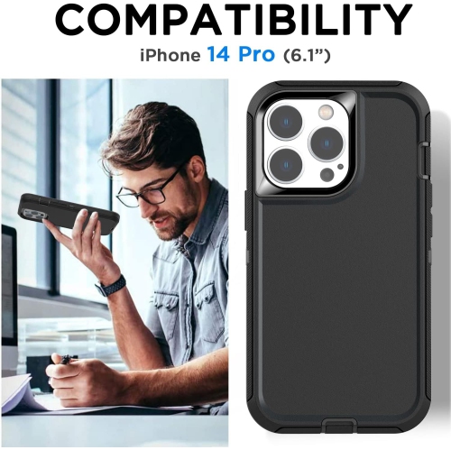 for iPhone 14 Pro Case Belt-Clip Holster Case, with Glass Protector, Heavy Duty Drop Protection Full Body Rugged